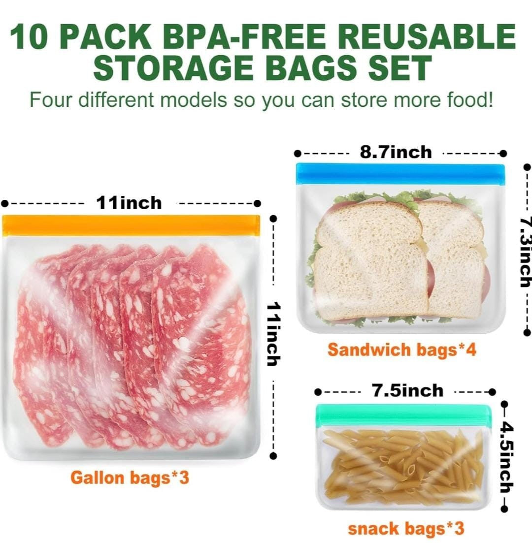 10 Pack Reusable Food Storage Silicone Bags, 3 Large Food Storage Bags Gallon 