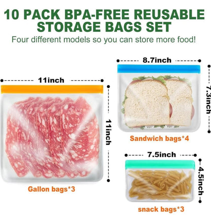 10 Pack Reusable Food Storage Silicone Bags, 3 Large Food Storage Bags Gallon 