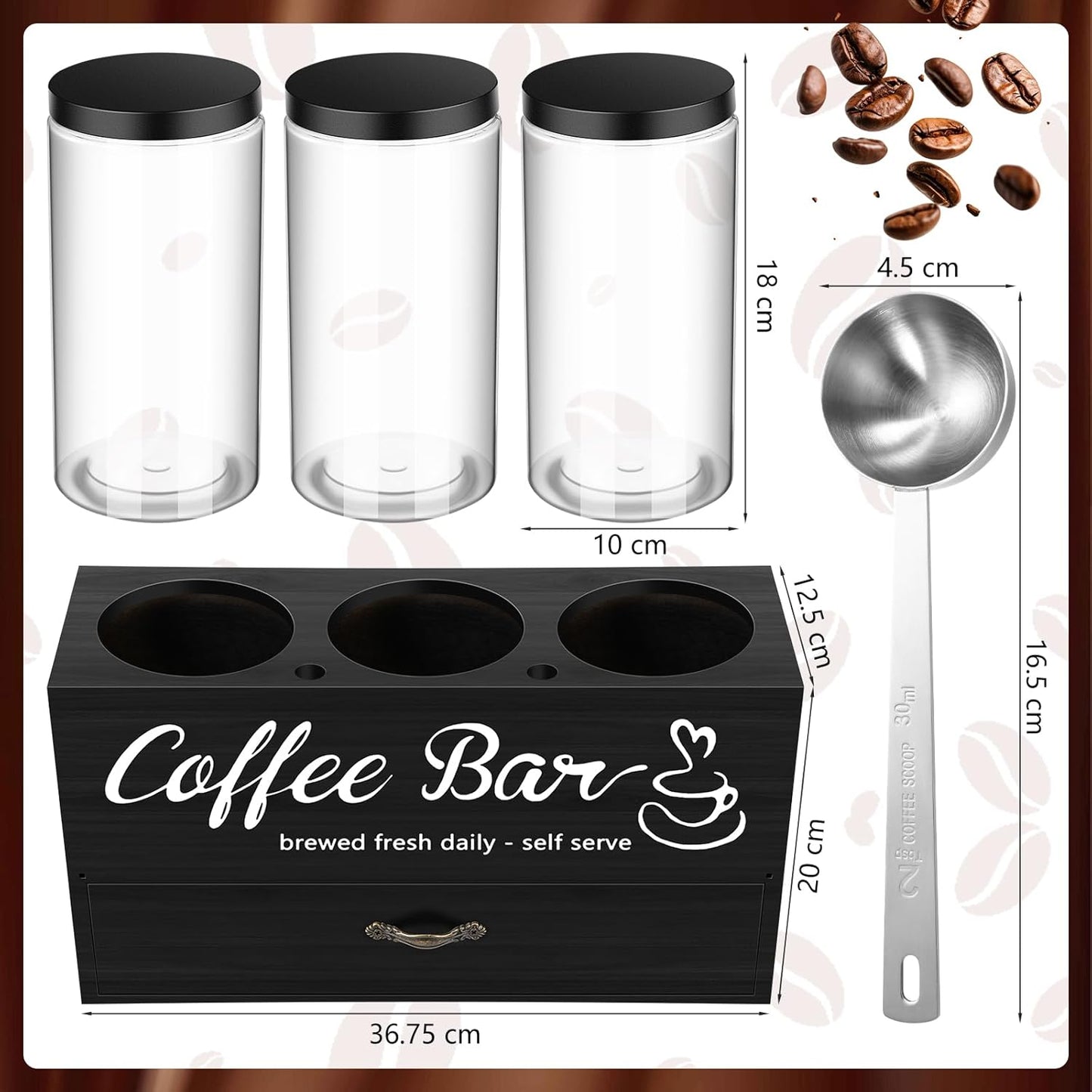 3 Pcs Coffee Bar Containers  with Lid and Spoon and Double Layer Storage Box with Drawer for Bar Kitchen Countertop(Black)