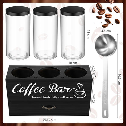 3 Pcs Coffee Bar Containers  with Lid and Spoon and Double Layer Storage Box with Drawer for Bar Kitchen Countertop(Black)
