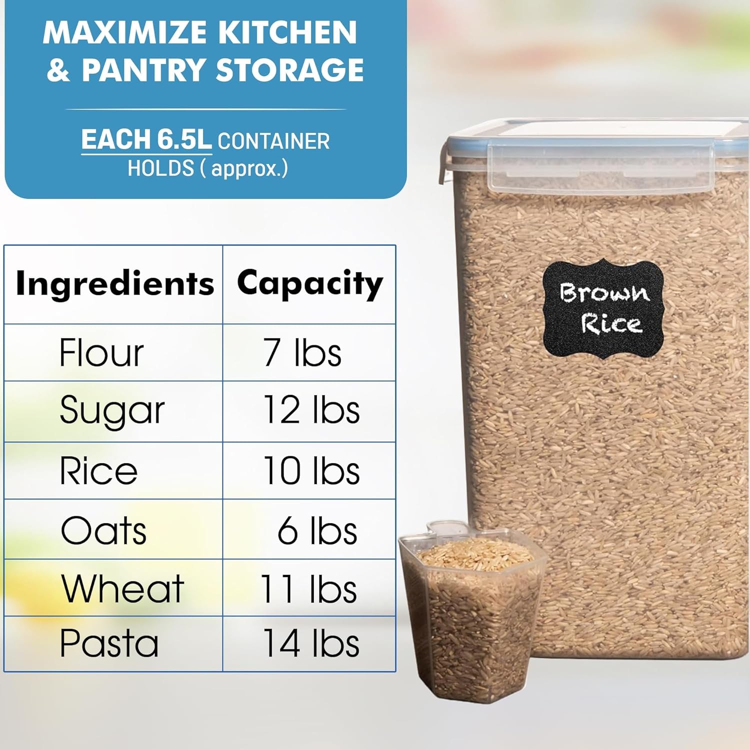 Extra Large Airtight Food Storage Containers + 2 PC [6.5L / 220 Oz] Large Flour Sugar Storage Containers - BPA Free Plastic Containers for Kitchen Essentials