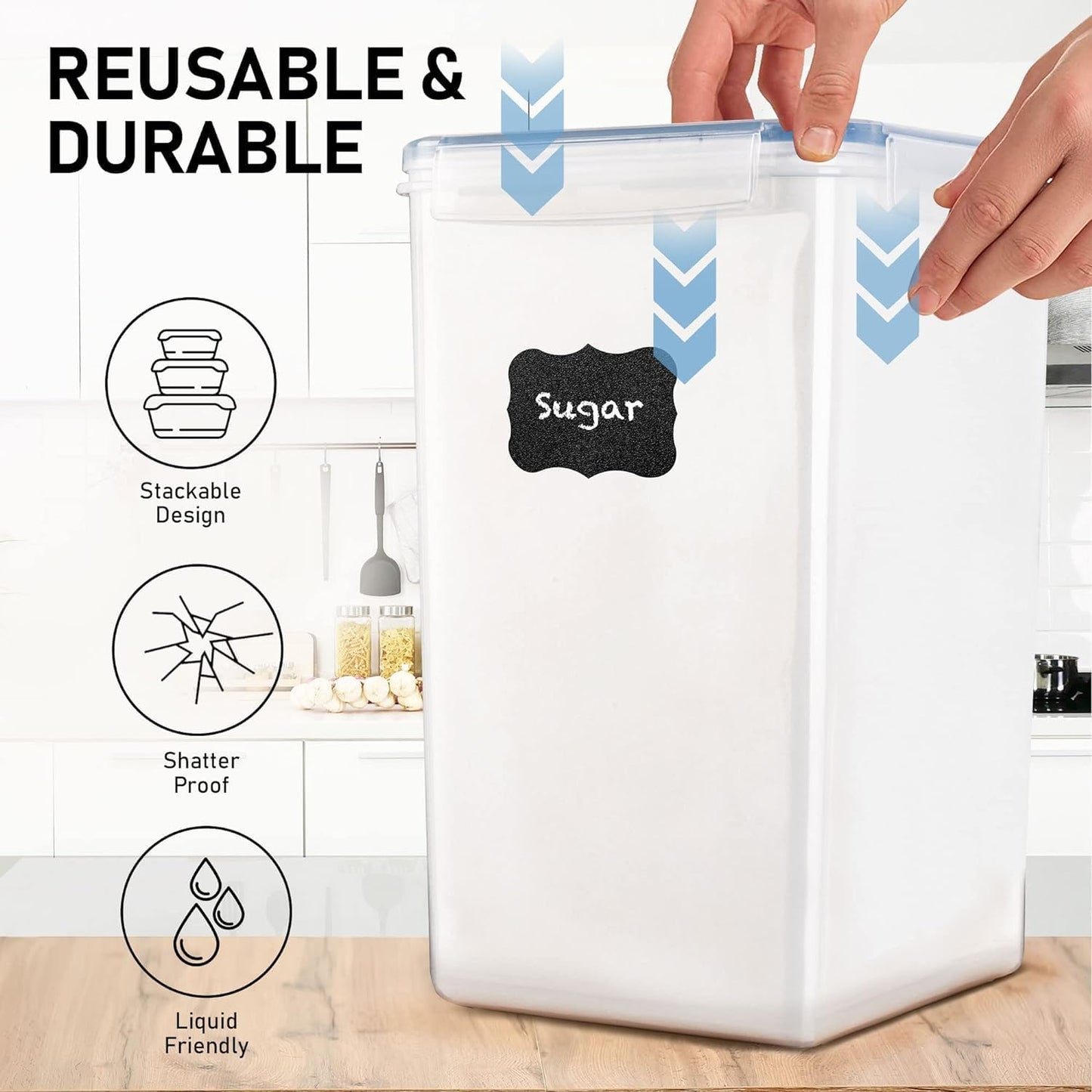 Extra Large Airtight Food Storage Containers + 2 PC [6.5L / 220 Oz] Large Flour Sugar Storage Containers - BPA Free Plastic Containers for Kitchen Essentials