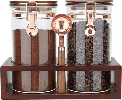 Glass Coffee Container with Wooden Shelf, 2 X 40 FLOZ Coffee Bean Storage with Sealed Closure Clips and Copper Spoon, Kitchen Large Capacity Food Storage Jar, Ground Coffee Container