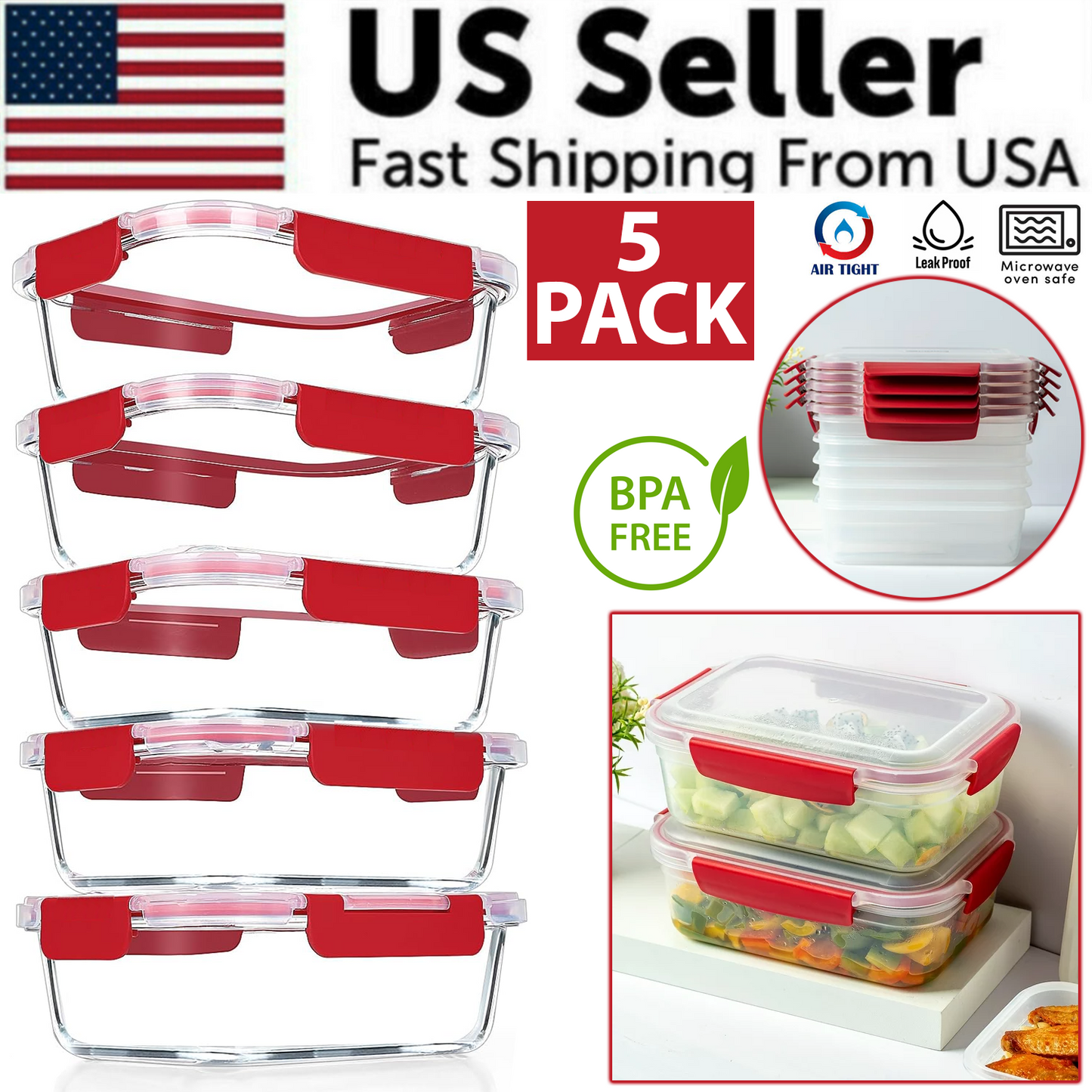5-Piece Airtight Food Storage Containers with Snap Lids