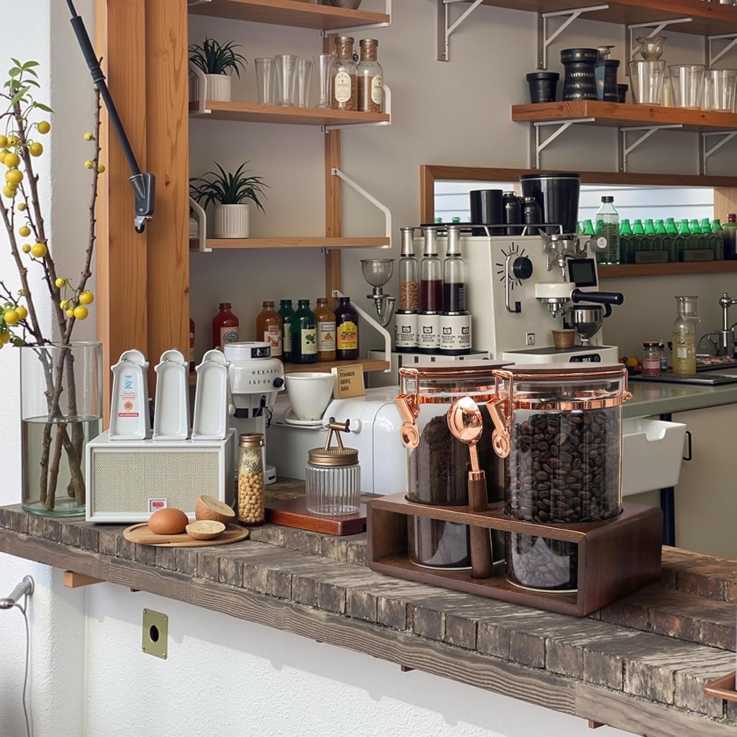 Glass Coffee Container with Wooden Shelf, 2 X 40 FLOZ Coffee Bean Storage with Sealed Closure Clips and Copper Spoon, Kitchen Large Capacity Food Storage Jar, Ground Coffee Container