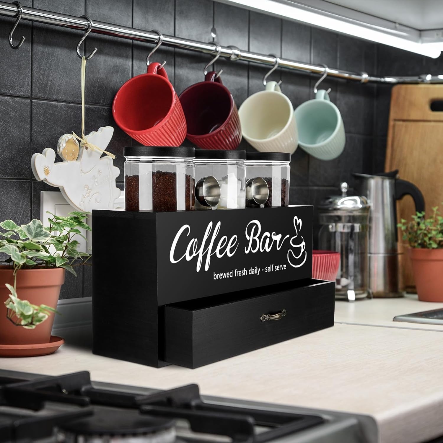 3 Pcs Coffee Bar Containers  with Lid and Spoon and Double Layer Storage Box with Drawer for Bar Kitchen Countertop(Black)