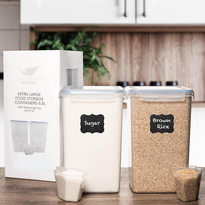 Extra Large Airtight Food Storage Containers + 2 PC [6.5L / 220 Oz] Large Flour Sugar Storage Containers - BPA Free Plastic Containers for Kitchen Essentials