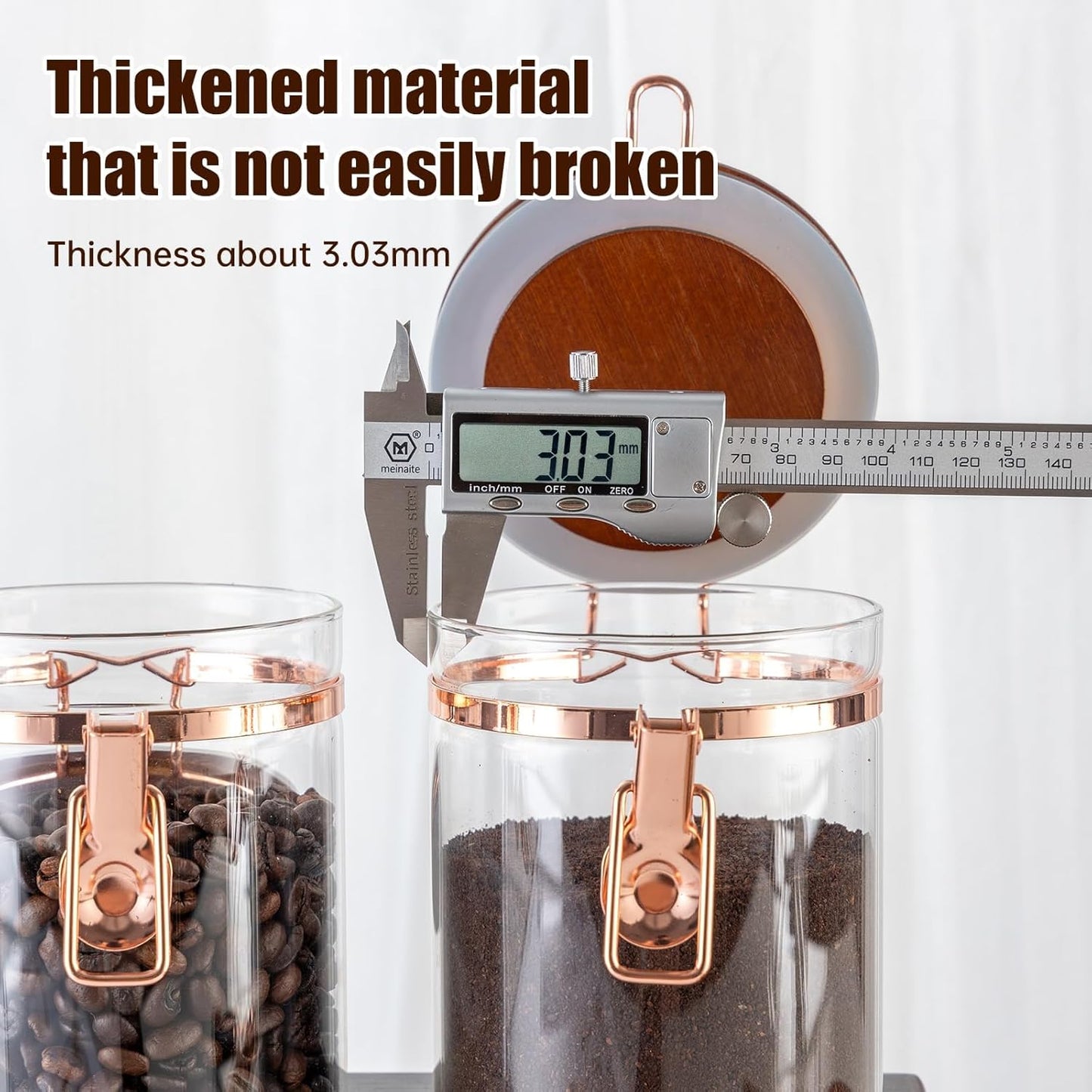 Glass Coffee Container with Wooden Shelf, 2 X 40 FLOZ Coffee Bean Storage with Sealed Closure Clips and Copper Spoon, Kitchen Large Capacity Food Storage Jar, Ground Coffee Container
