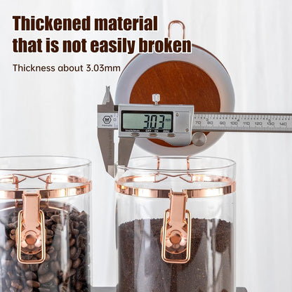 Glass Coffee Container with Wooden Shelf, 2 X 40 FLOZ Coffee Bean Storage with Sealed Closure Clips and Copper Spoon, Kitchen Large Capacity Food Storage Jar, Ground Coffee Container