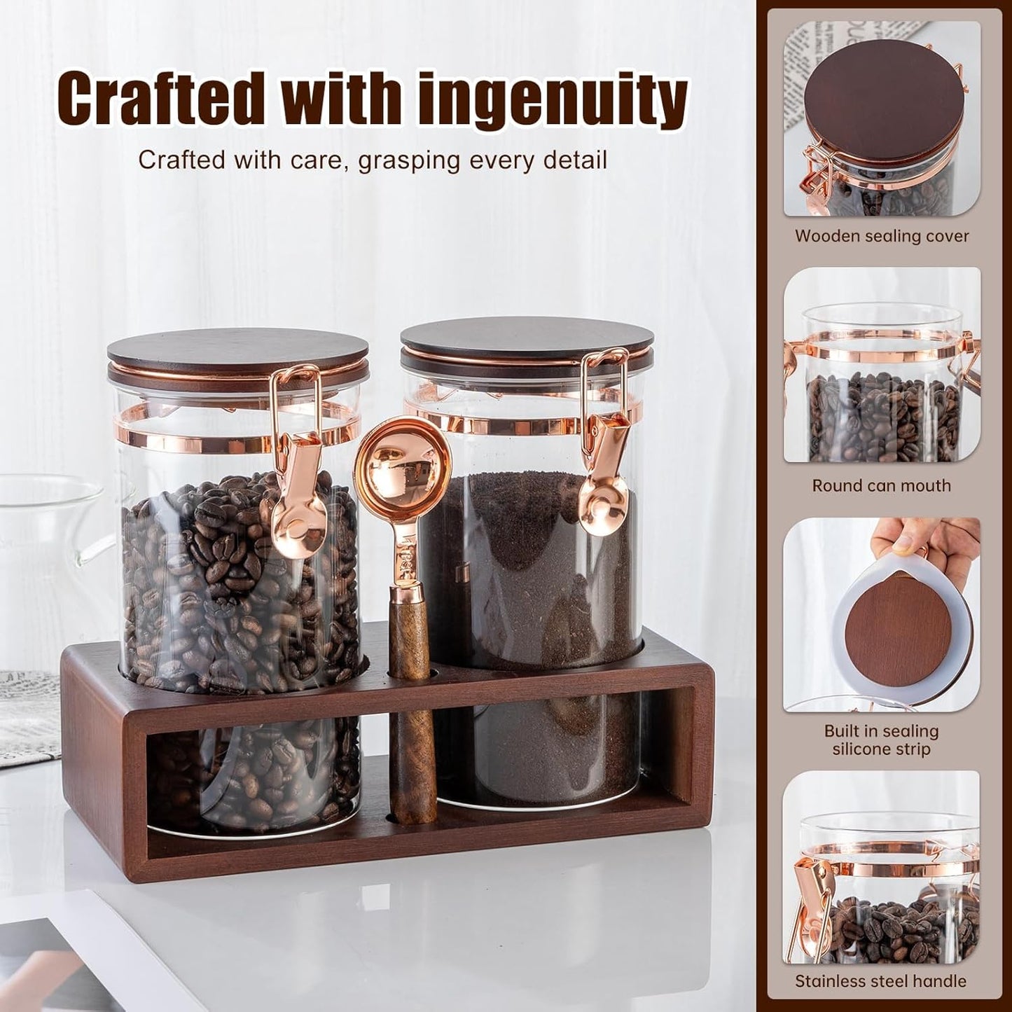 Glass Coffee Container with Wooden Shelf, 2 X 40 FLOZ Coffee Bean Storage with Sealed Closure Clips and Copper Spoon, Kitchen Large Capacity Food Storage Jar, Ground Coffee Container