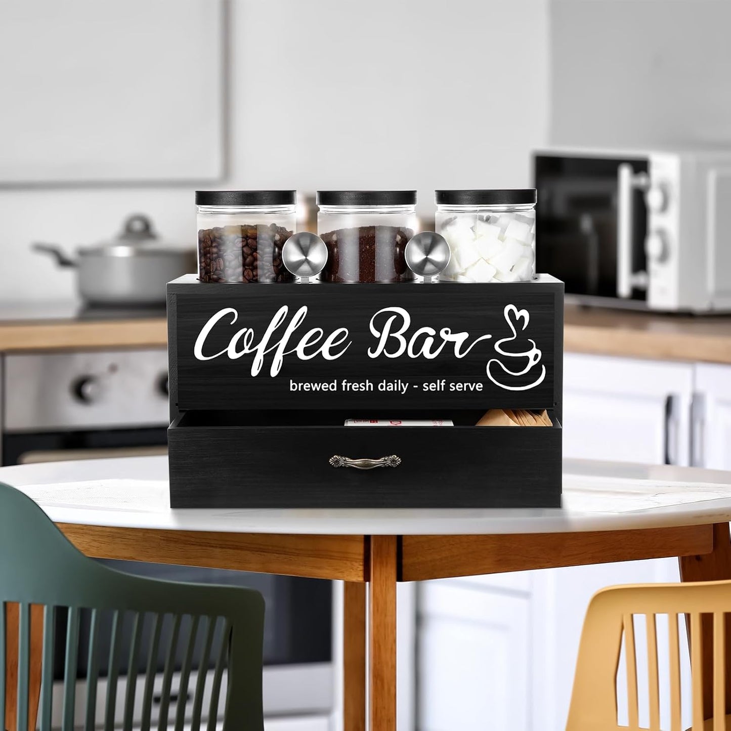 3 Pcs Coffee Bar Containers  with Lid and Spoon and Double Layer Storage Box with Drawer for Bar Kitchen Countertop(Black)