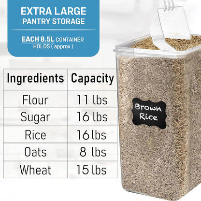 Extra Large Airtight Food Storage Containers + 2 PC [6.5L / 220 Oz] Large Flour Sugar Storage Containers - BPA Free Plastic Containers for Kitchen Essentials