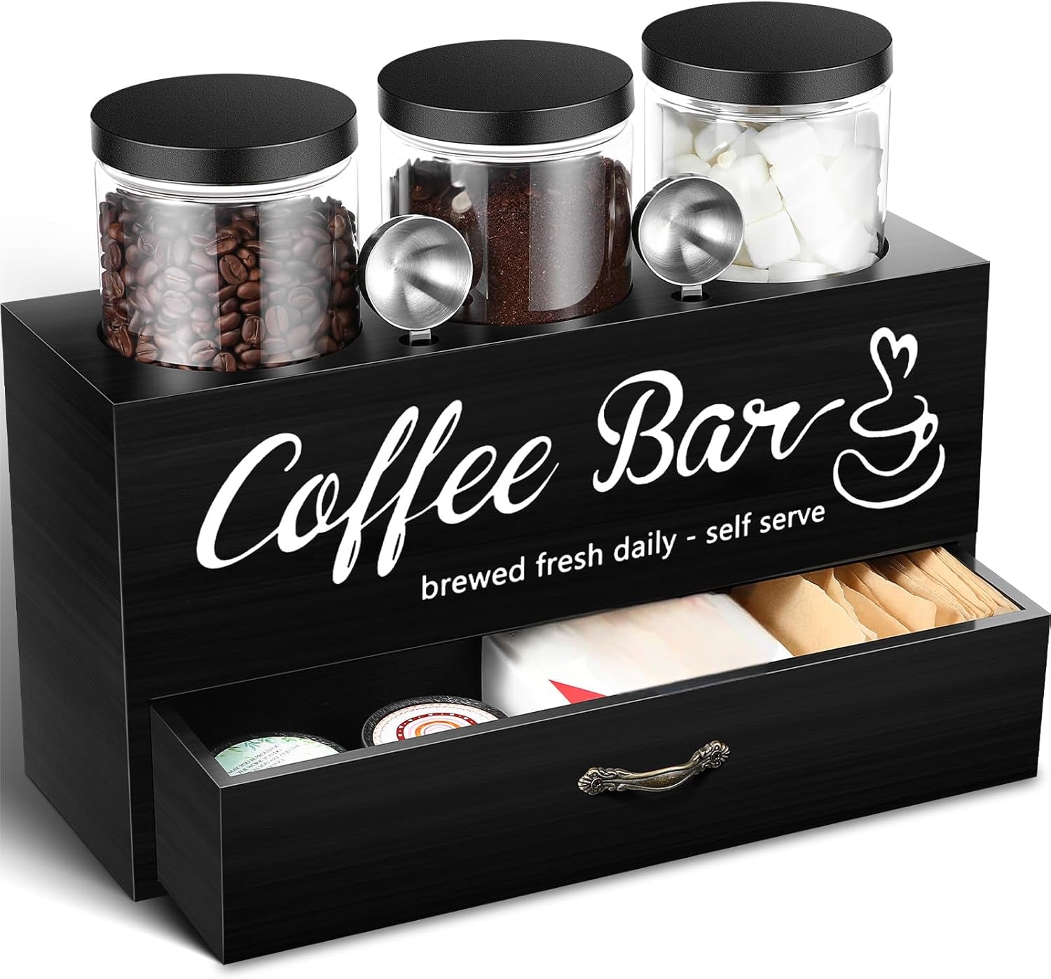 3 Pcs Coffee Bar Containers  with Lid and Spoon and Double Layer Storage Box with Drawer for Bar Kitchen Countertop(Black)