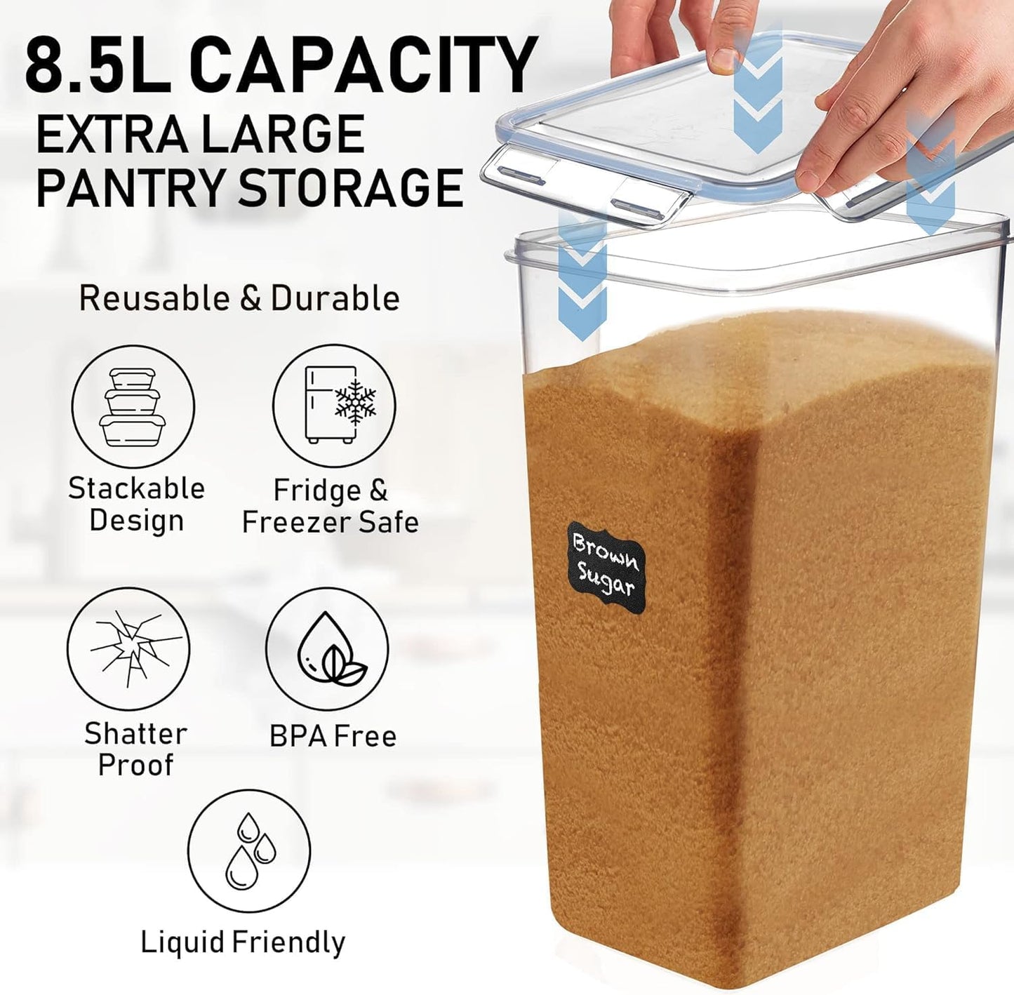 Extra Large Airtight Food Storage Containers + 2 PC [6.5L / 220 Oz] Large Flour Sugar Storage Containers - BPA Free Plastic Containers for Kitchen Essentials