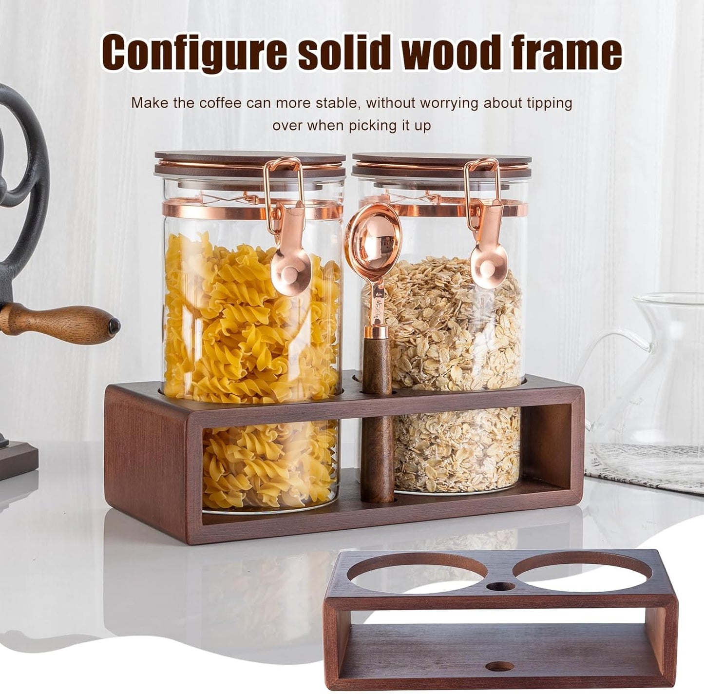 Glass Coffee Container with Wooden Shelf, 2 X 40 FLOZ Coffee Bean Storage with Sealed Closure Clips and Copper Spoon, Kitchen Large Capacity Food Storage Jar, Ground Coffee Container